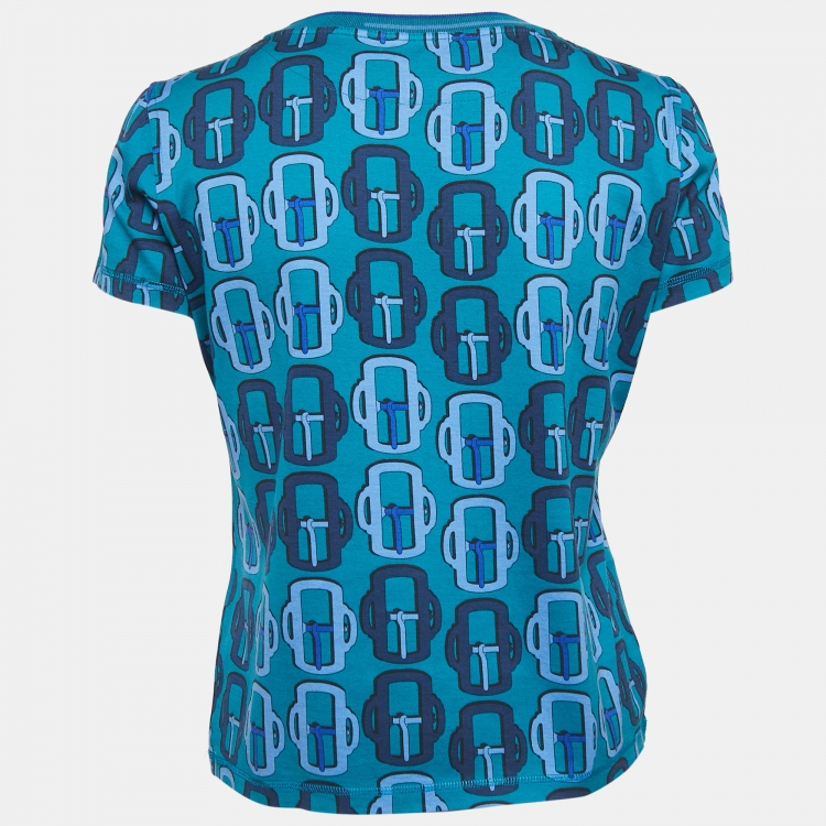 Pre Owned Hermes Blue All-Over Print Cotton Short Sleeve T-Shirt M