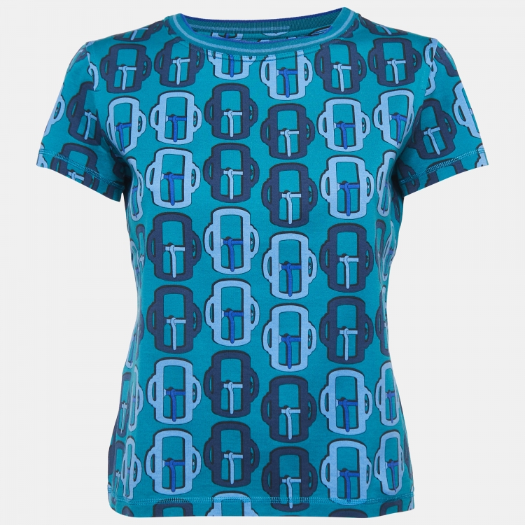 Pre Owned Hermes Blue All-Over Print Cotton Short Sleeve T-Shirt M