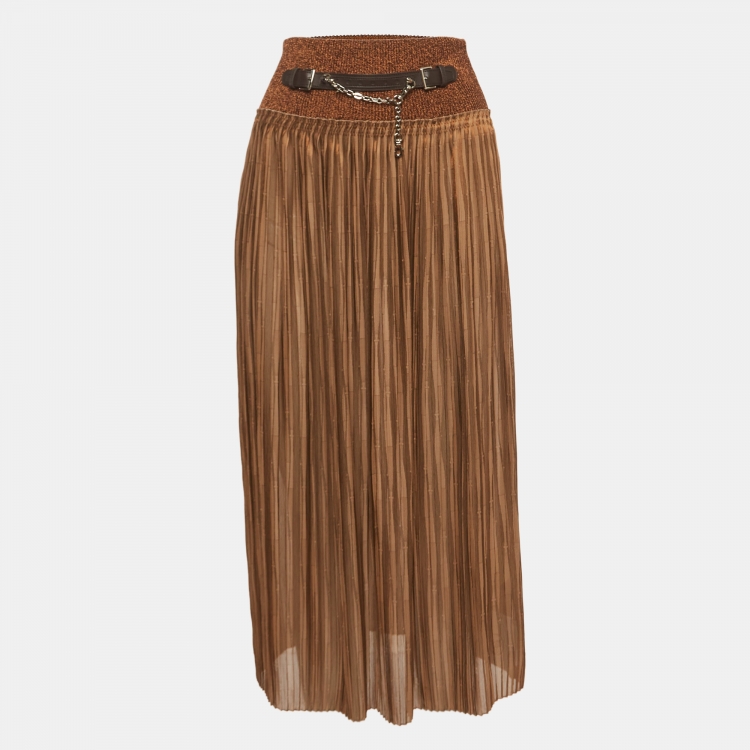 Pre Owned Hermès  Brown Knit Pleated Elasticated Waist Midi Skirt S