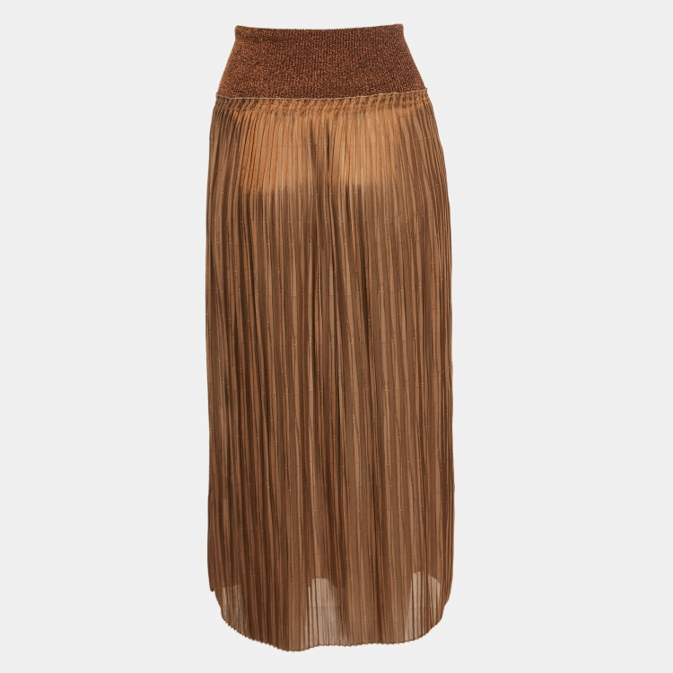 Pre Owned Hermès  Brown Knit Pleated Elasticated Waist Midi Skirt S