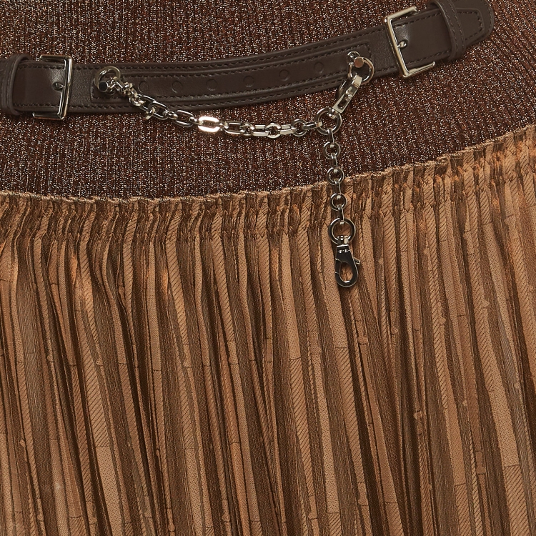 Pre Owned Hermès  Brown Knit Pleated Elasticated Waist Midi Skirt S