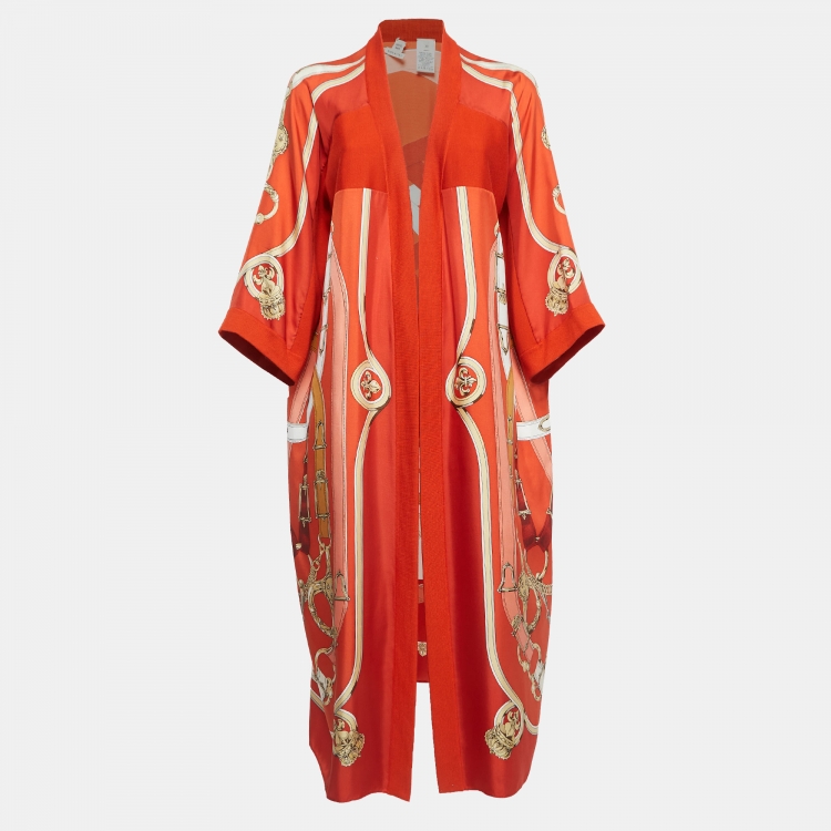 Pre Owned Hermes Orange Print Silk & Knit Trim Long Twillaine Cardigan M