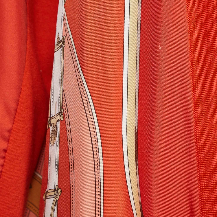 Pre Owned Hermes Orange Print Silk & Knit Trim Long Twillaine Cardigan M