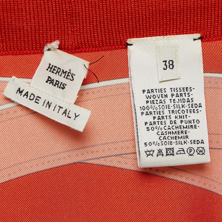 Pre Owned Hermes Orange Print Silk & Knit Trim Long Twillaine Cardigan M