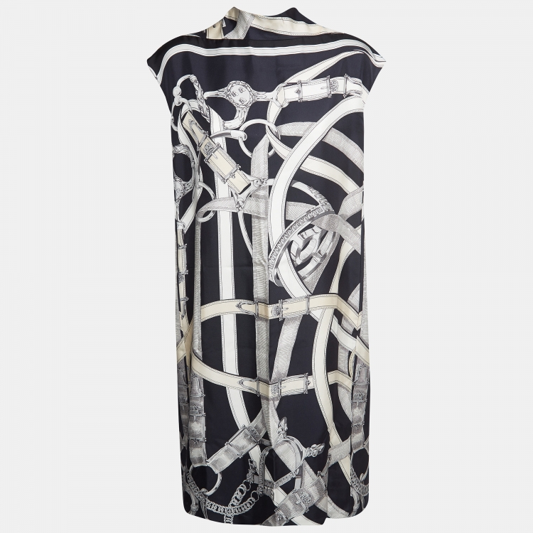 Pre Owned Hermes Black Cavalcadour Print Silk Shift Dress L