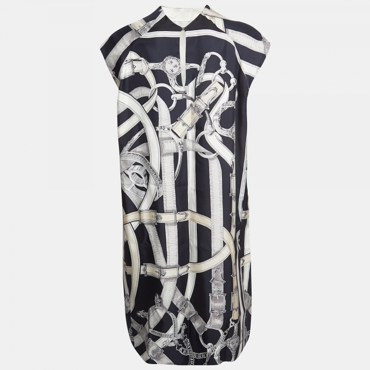 Pre Owned Hermes Black Cavalcadour Print Silk Shift Dress L