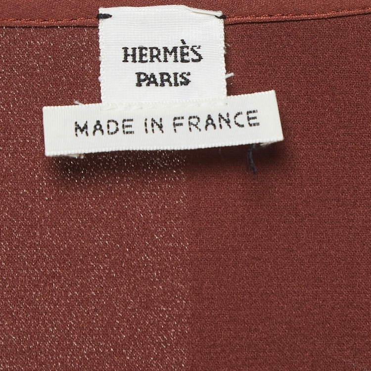 Pre Owned Hermes Brown Silk Drape Style Neck Shift Dress S  