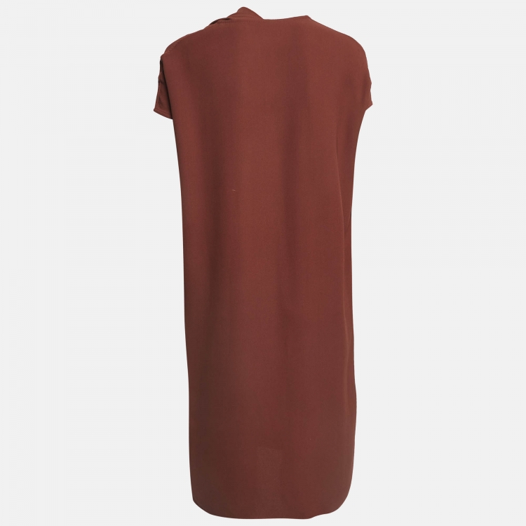 Pre Owned Hermes Brown Silk Drape Style Neck Shift Dress S  
