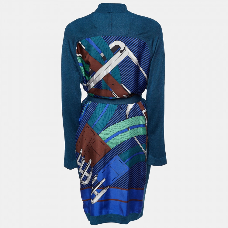 Hermes Teal Blue Printed Silk & Knit Belted Long Cardigan M Hermes Teal Blue Printed Silk & Knit Belted Long Cardigan M