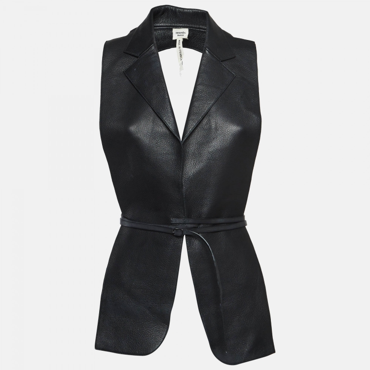 Pre Owned Hermes Black Leather Belted Back Open Vest L