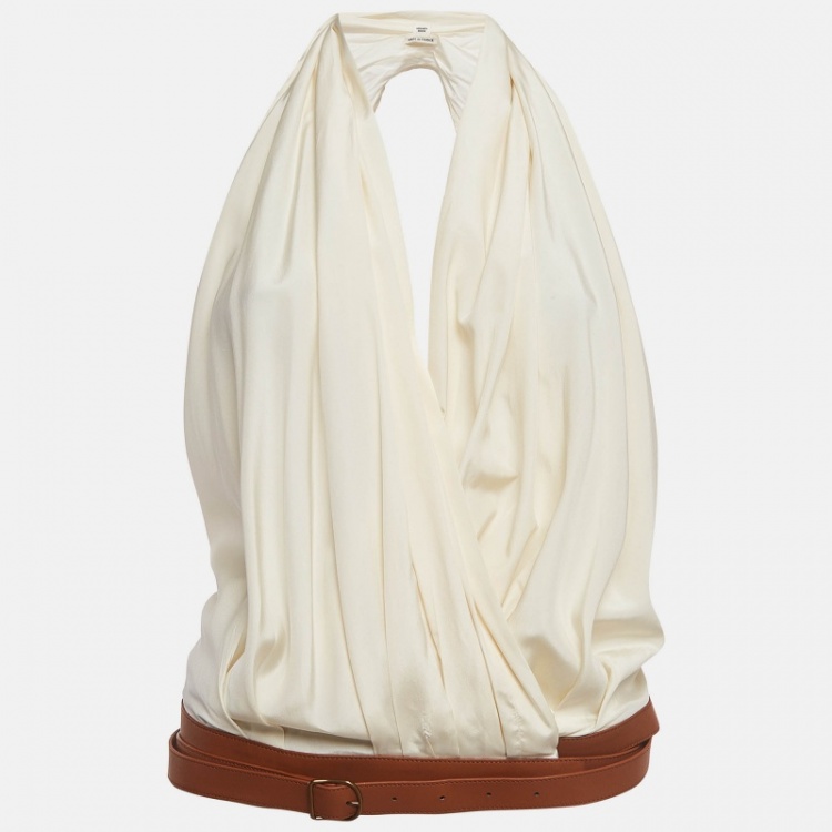 مملوكة مسبقًا Hermes White Leather Belted Silk Halter Neck Top S