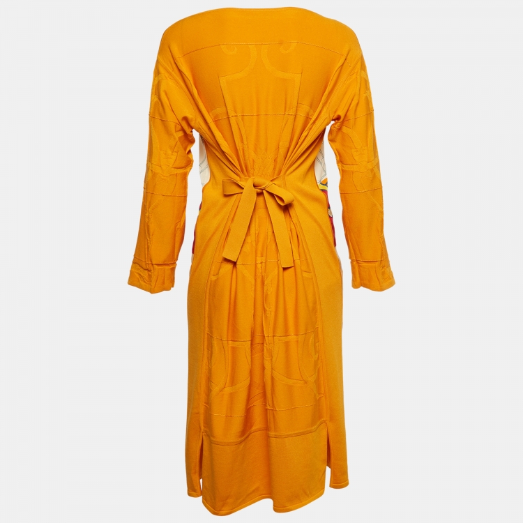 Pre Owned Hermes Orange Printed Silk & Knit Short Dress M