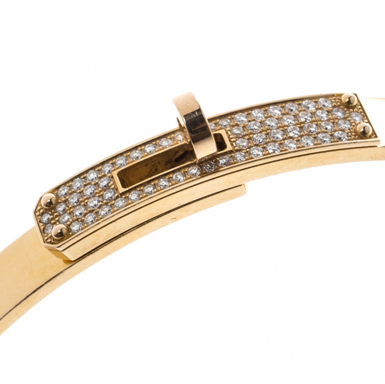 Pre Owned Hermes Kelly Small Model Diamond Yellow Gold Bangle Bracelet SH 