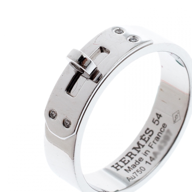 Pre Owned Hermes Kelly Diamond 18k White Gold Band Ring Size 54