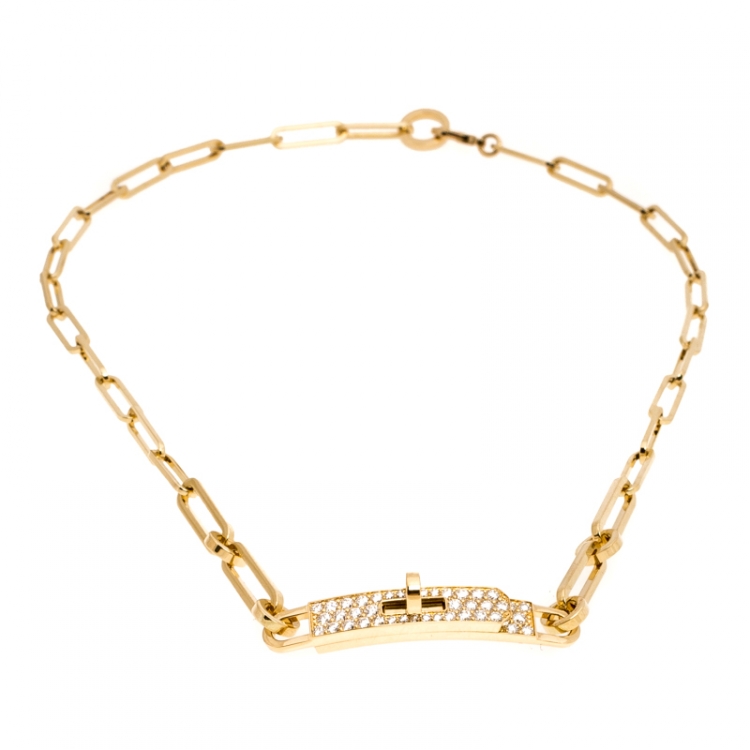 Pre Owned Hermes Kelly Chaine Diamond 18K Yellow Gold Chain Link Choker Necklace 