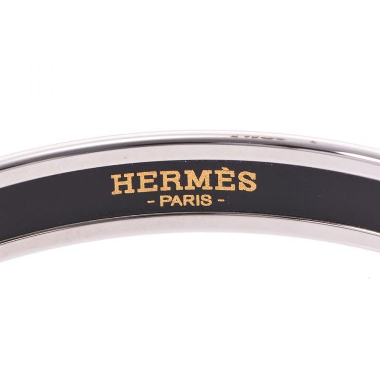 Pre Owned Hermes Dark Grey Silver Cloisonne Logo Bangle