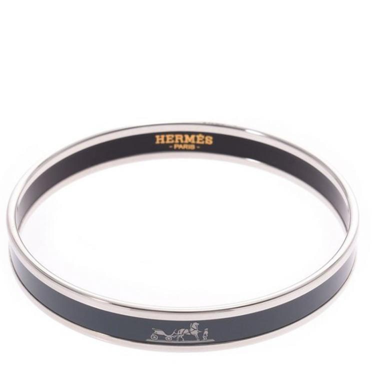 Pre Owned Hermes Dark Grey Silver Cloisonne Logo Bangle