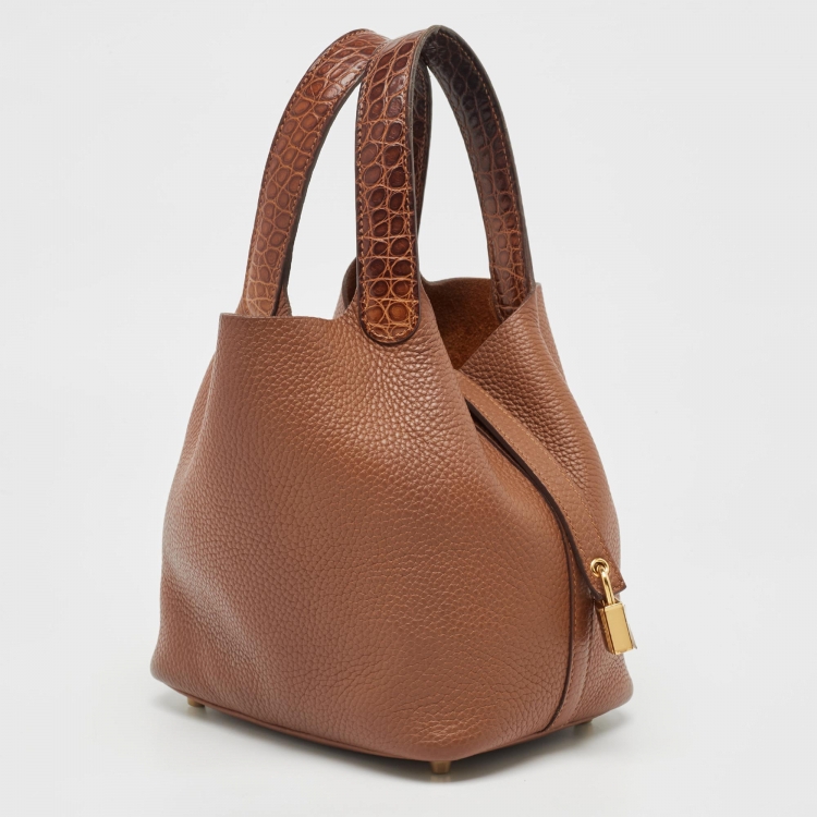 Pre Owned Hermes Gold Taurillon Clemence Leather and Alligator Touch Picotin Lock 18 Bag