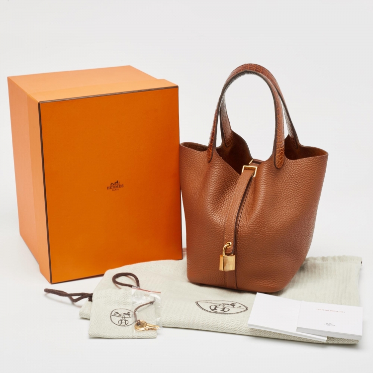 Pre Owned Hermes Gold Taurillon Clemence Leather and Alligator Touch Picotin Lock 18 Bag