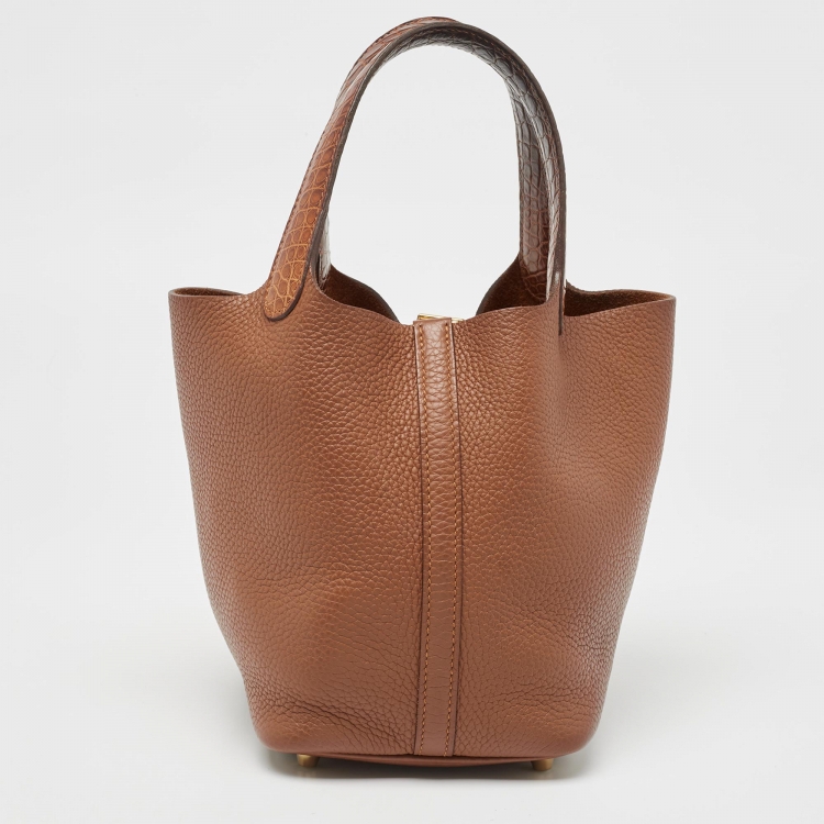 Pre Owned Hermes Gold Taurillon Clemence Leather and Alligator Touch Picotin Lock 18 Bag