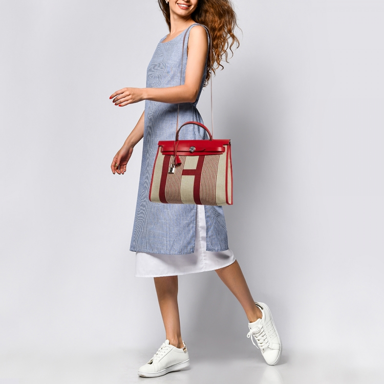 Pre Owned Hermes Bordeaux/Ficelle/Rouge Piment H Vibration Canvas and Leather Herbag Zip 31 Bag
