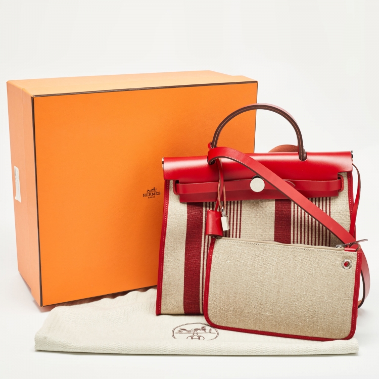 Pre Owned Hermes Bordeaux/Ficelle/Rouge Piment H Vibration Canvas and Leather Herbag Zip 31 Bag