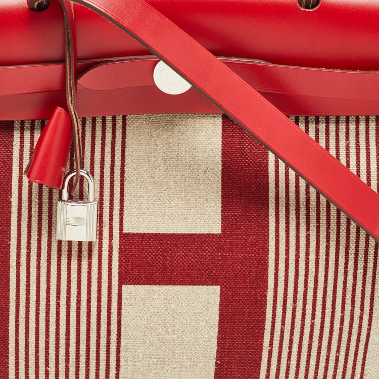 Pre Owned Hermes Bordeaux/Ficelle/Rouge Piment H Vibration Canvas and Leather Herbag Zip 31 Bag