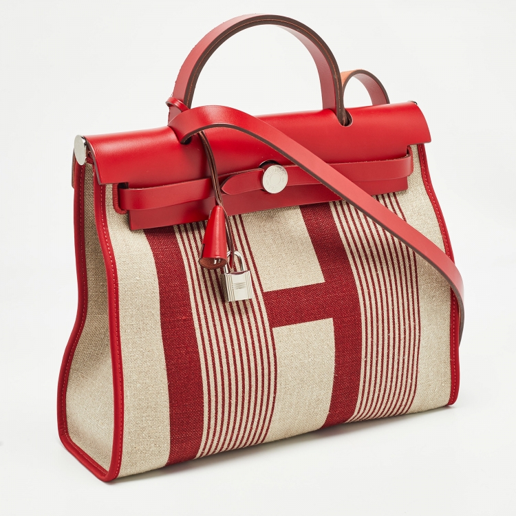 Pre Owned Hermes Bordeaux/Ficelle/Rouge Piment H Vibration Canvas and Leather Herbag Zip 31 Bag