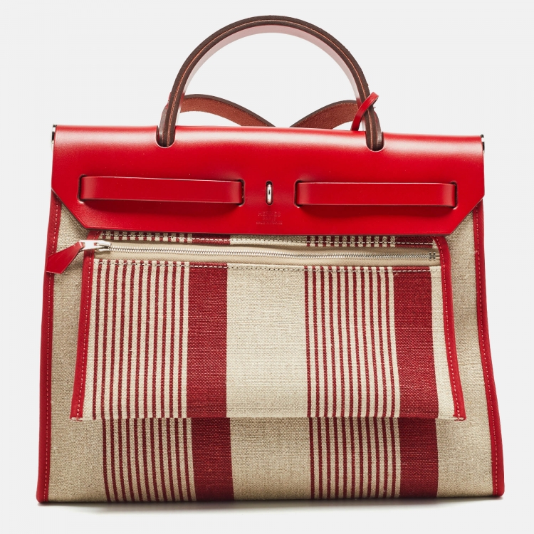Pre Owned Hermes Bordeaux/Ficelle/Rouge Piment H Vibration Canvas and Leather Herbag Zip 31 Bag