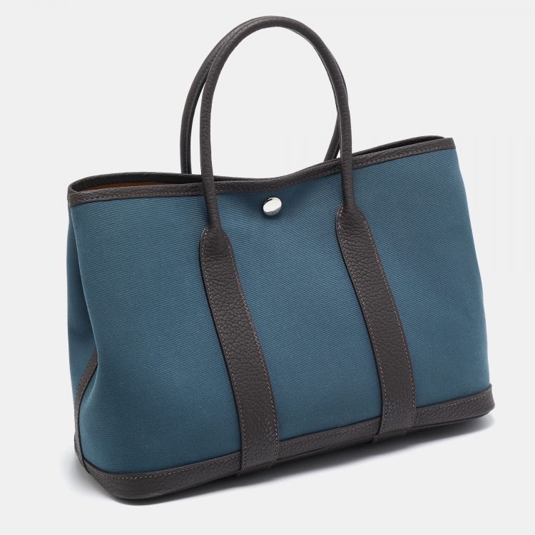 Pre Owned Hermes Bleu Tempete/Ebene Toile Officier and Negonda Leather Garden Party 30 Bag