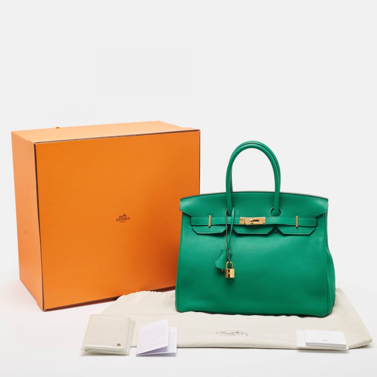 Pre Owned Hermes Vert Vertigo Taurillon Clemence Leather Gold Finish Birkin 35 Bag