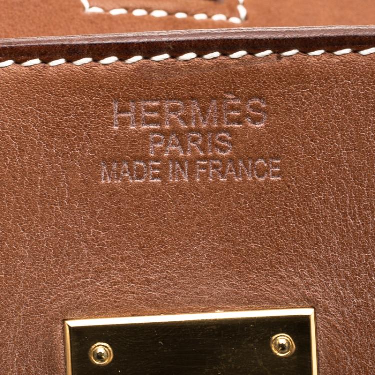 Pre Owned Hermes Brown/Beige Canvas And Box Calf Leather Gold Hardware Birkin 35 Bag