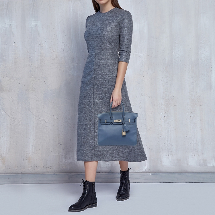 مملوكة مسبقًا Hermes Bleu Agate Swift Leather Palladium Finish Birkin 25 Bag