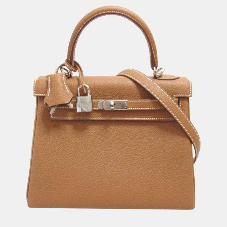 Hermes Kelly 25 Togo Leather Handbag Brown Brown Leather