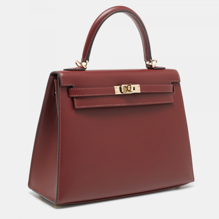 Pre Owned Hermes Rouge H Sombrero Leather Gold Finish Kelly Sellier 25 Bag