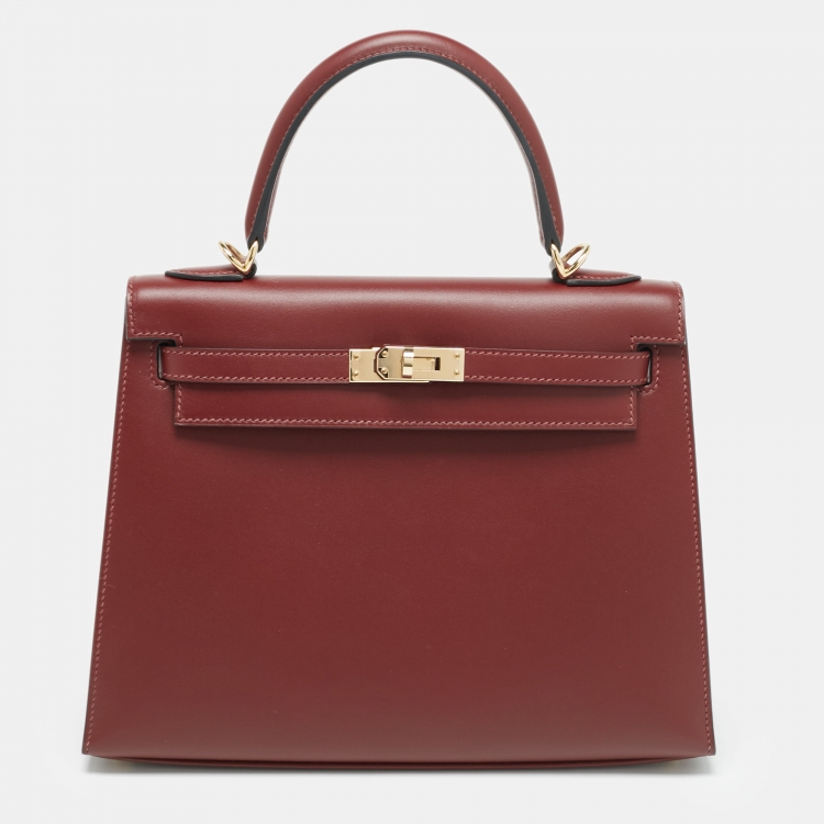 Pre Owned Hermes Rouge H Sombrero Leather Gold Finish Kelly Sellier 25 Bag