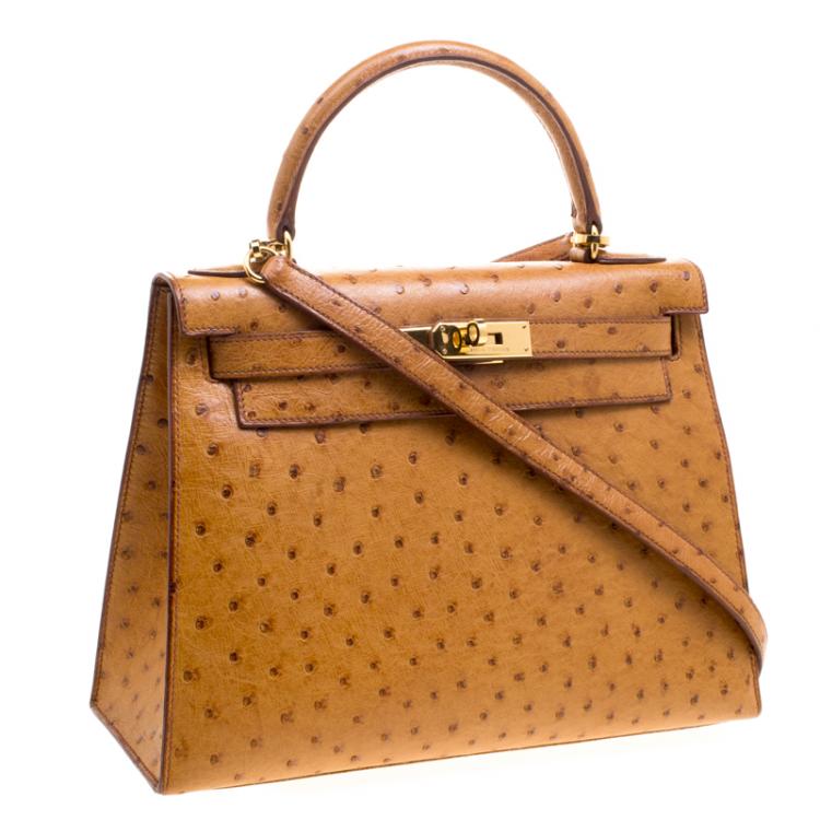 Pre Owned Hermes Cognac Ostrich Gold Hardware Kelly Sellier 28 Bag