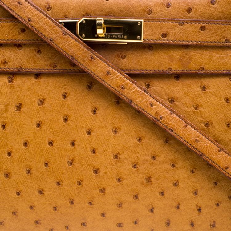 Pre Owned Hermes Cognac Ostrich Gold Hardware Kelly Sellier 28 Bag