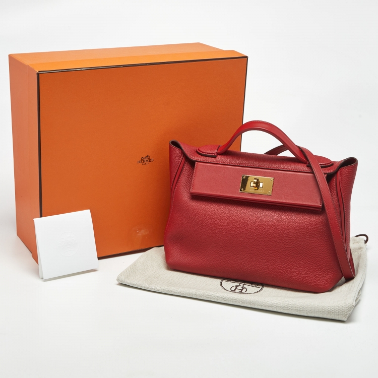 Pre Owned Hermes Rouge Piment/Rouge Vif Togo and Swift Leather Gold Finish 24/24 29 Bag