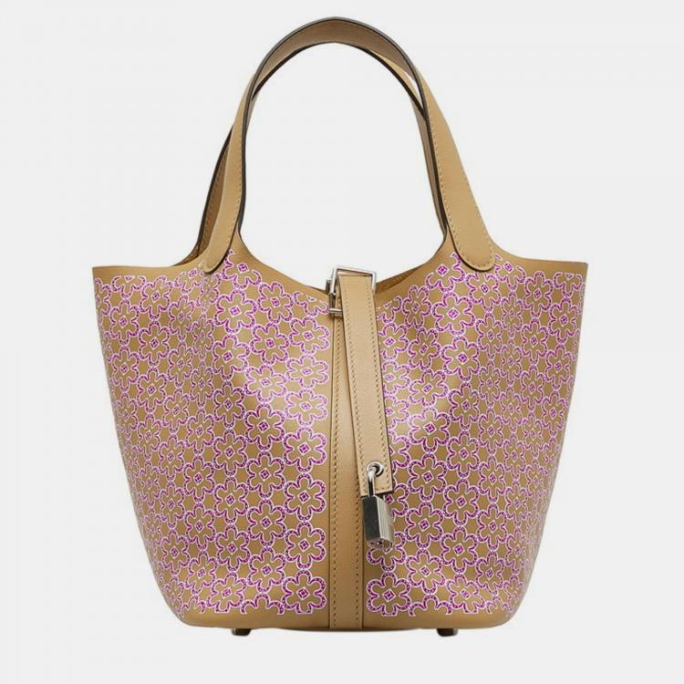 Pre Owned Hermes Picotin Lock 18 Lucky Daisy Handbag Chai Rose Swift Bag 