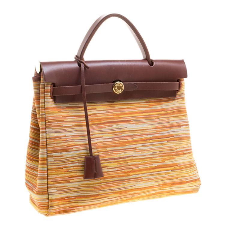 Pre Owned Hermes Brown Vibrato Leather and Canvas Herbag 2 in 1