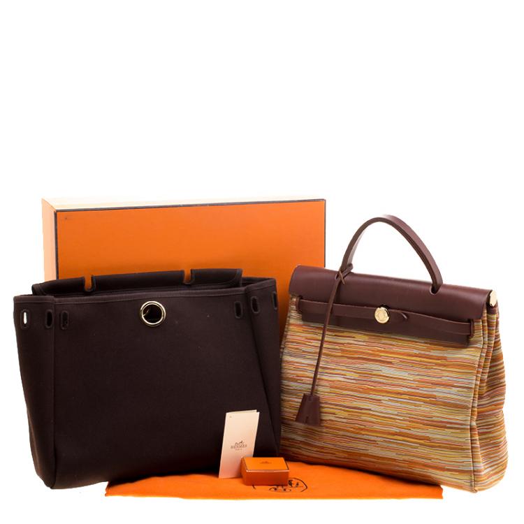 Pre Owned Hermes Brown Vibrato Leather and Canvas Herbag 2 in 1