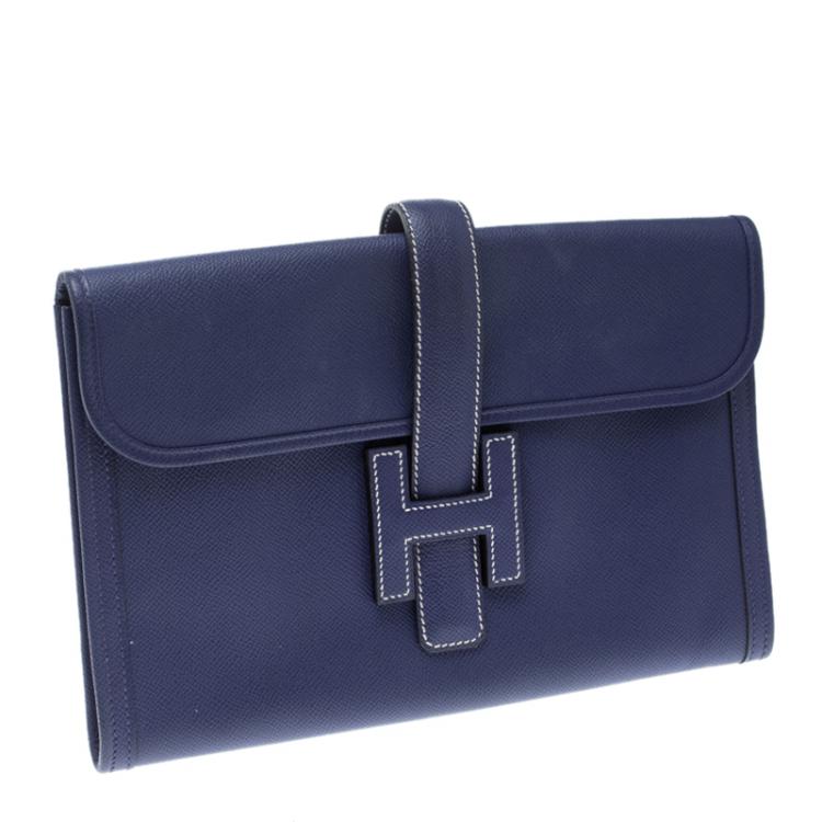 Pre Owned Hermes Blue Epsom Leather Jige PM Clutch