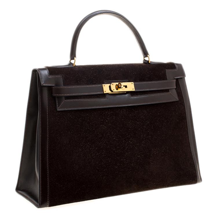 Pre Owned Hermes Dark Marron Box Calf Leather and Suede Gold Hardware Kelly Sellier 32 Bag