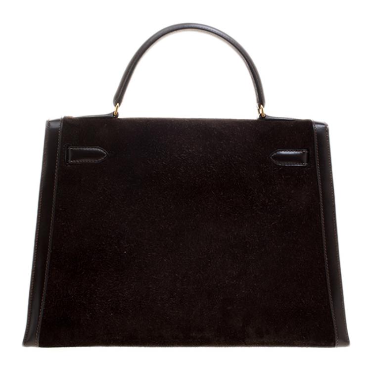 Pre Owned Hermes Dark Marron Box Calf Leather and Suede Gold Hardware Kelly Sellier 32 Bag
