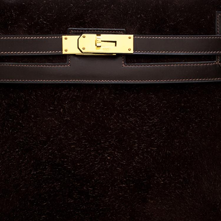 Pre Owned Hermes Dark Marron Box Calf Leather and Suede Gold Hardware Kelly Sellier 32 Bag