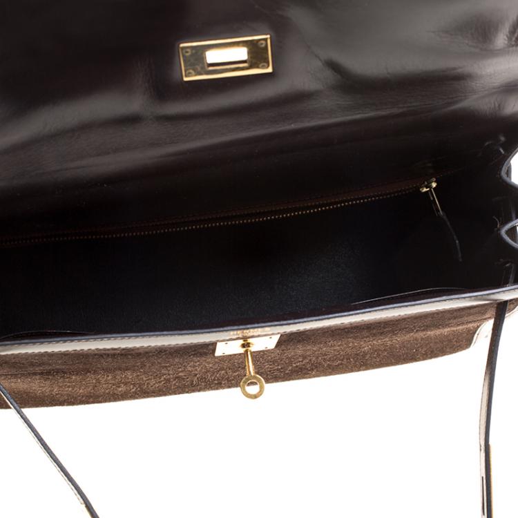 Pre Owned Hermes Dark Marron Box Calf Leather and Suede Gold Hardware Kelly Sellier 32 Bag