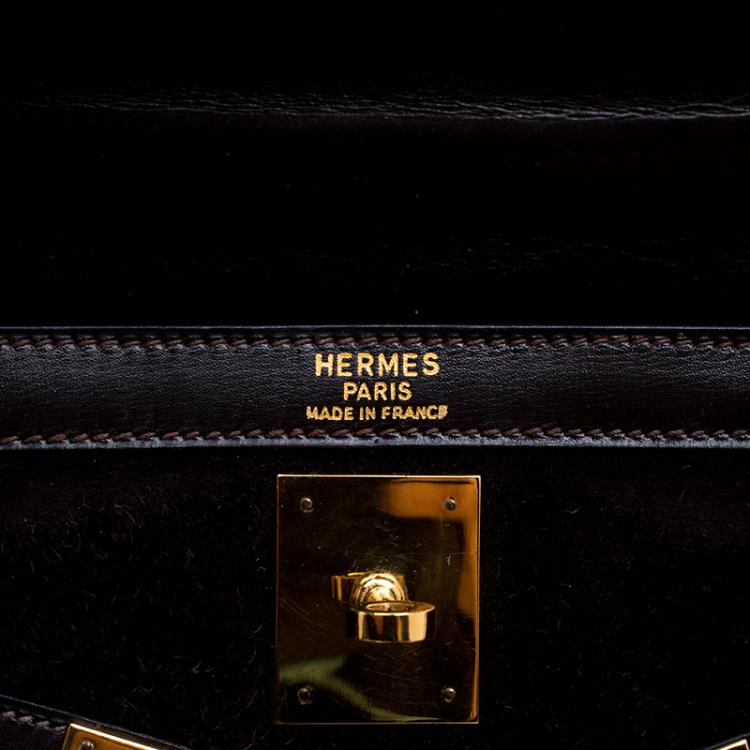 Pre Owned Hermes Dark Marron Box Calf Leather and Suede Gold Hardware Kelly Sellier 32 Bag