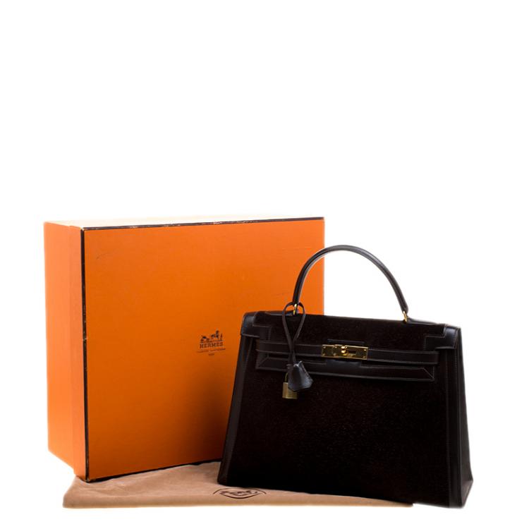 Pre Owned Hermes Dark Marron Box Calf Leather and Suede Gold Hardware Kelly Sellier 32 Bag