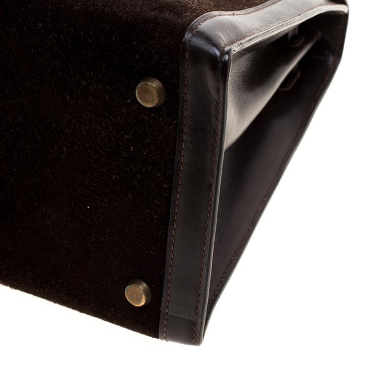 Pre Owned Hermes Dark Marron Box Calf Leather and Suede Gold Hardware Kelly Sellier 32 Bag